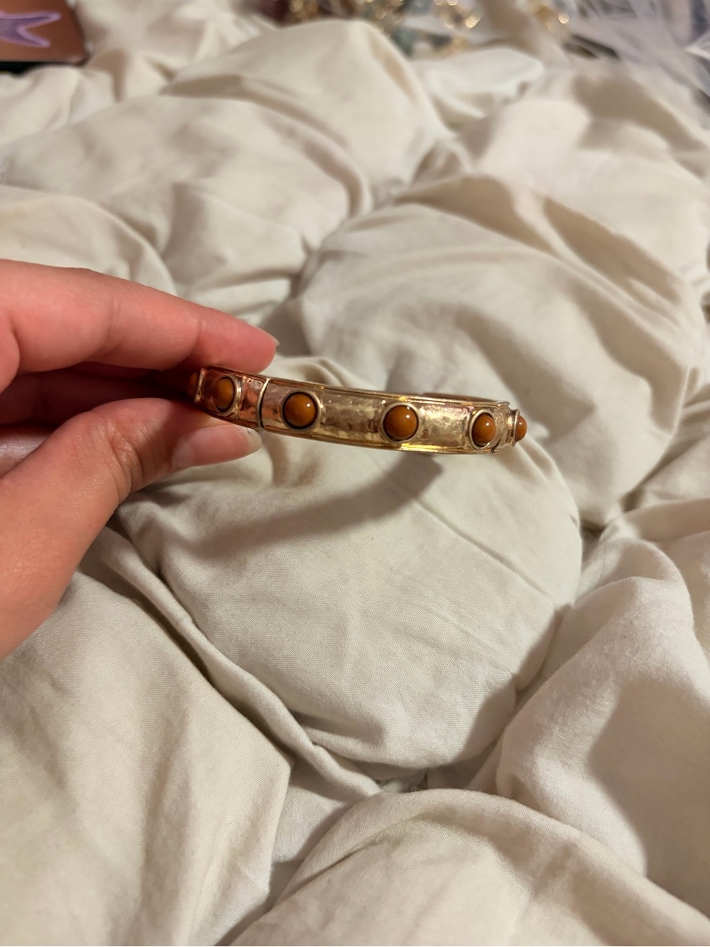 Gold Tone Hammered Stretch Bangle Bracelet with Brown Stone Accents